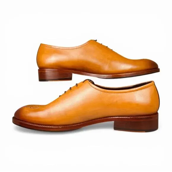 Lethato Tan Patina Medallion Toe Oxford Leather Shoes Wholecut US 12.5 13 - Picture 3 of 8